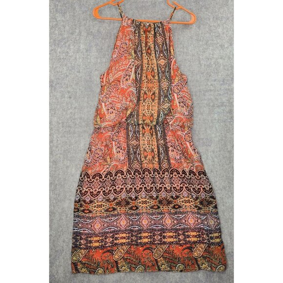 Halter Neck Sleeveless Paisley Print Womens Dress Orange & Multi Polyester Boho - Picture 2 of 8